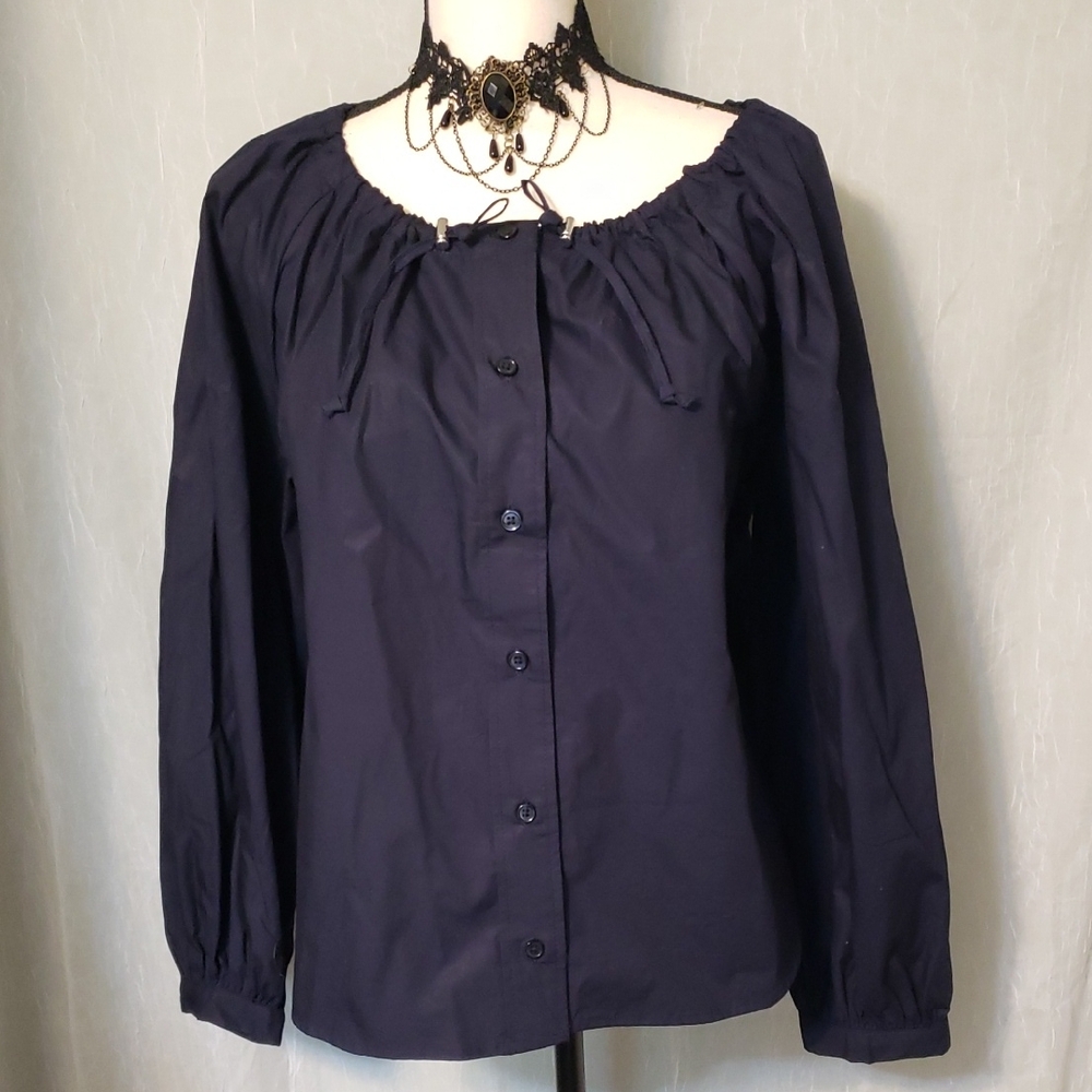 Navy Blue Gathered Neck Blouse L